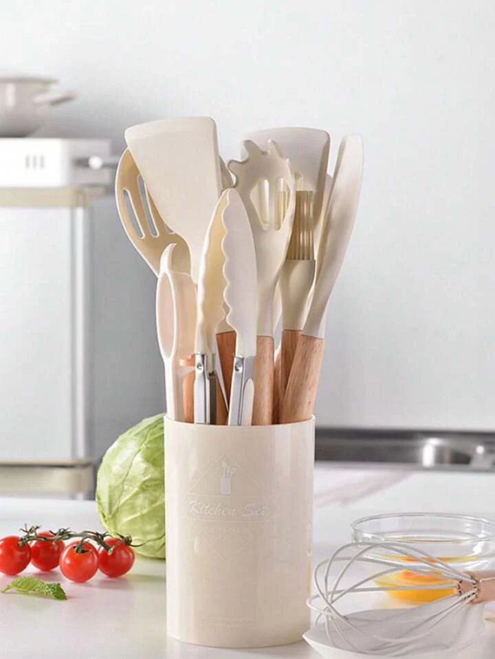 12Pcs Silicone Kitchen Utensil Set Heat Resistant Non-Stick Cooking Utensils with Wooden Handles for Commercial Restaurant and Home - Image 3