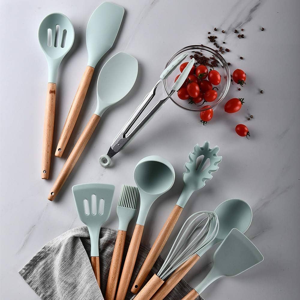 12Pcs Silicone Kitchen Utensil Set Heat Resistant Non-Stick Cooking Utensils with Wooden Handles for Commercial Restaurant and Home - Image 4