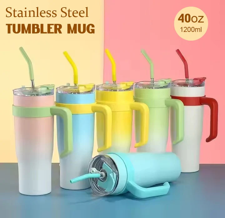 40oz Stainless Steel Insulated Tumbler Mug with Handle & Straw – 1200ml Large Capacity Travel Cup - Image 2