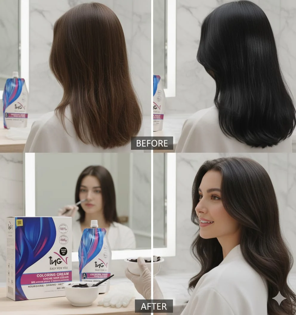 INGV Hair Coloring Cream Natural Black 1000ml (500+500) - Long Lasting Hair Dye - Image 3