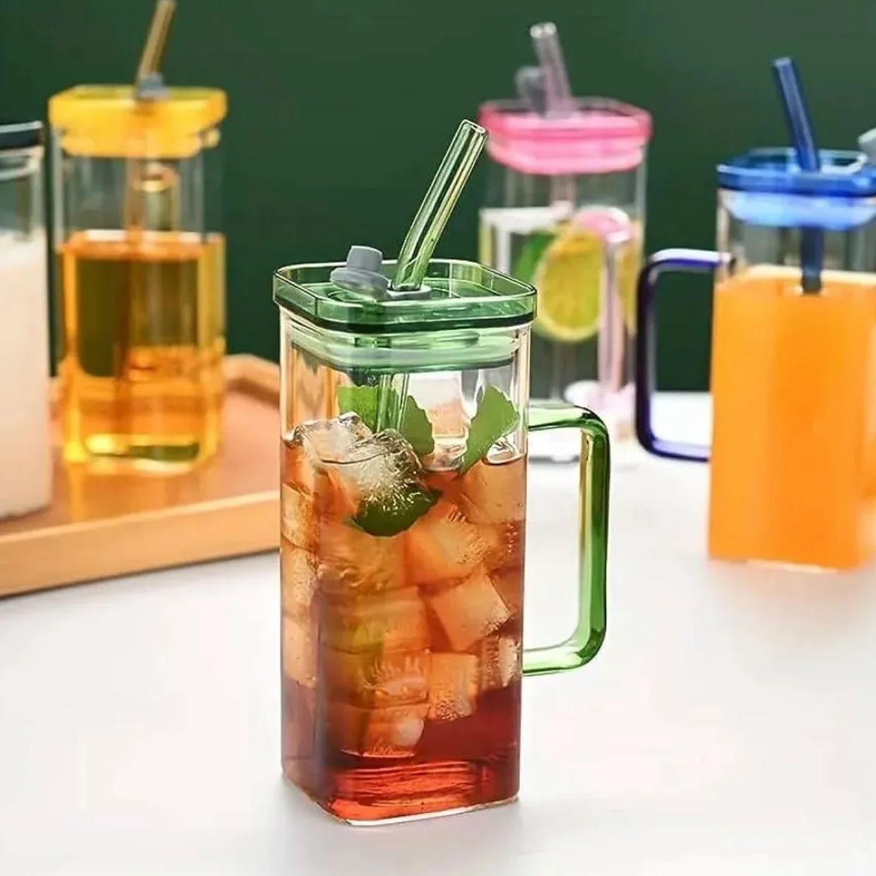 Transparent Square Tumbler Drinking Glass with Glass Straw and Colourful Handle | 2pcs Set - Image 2