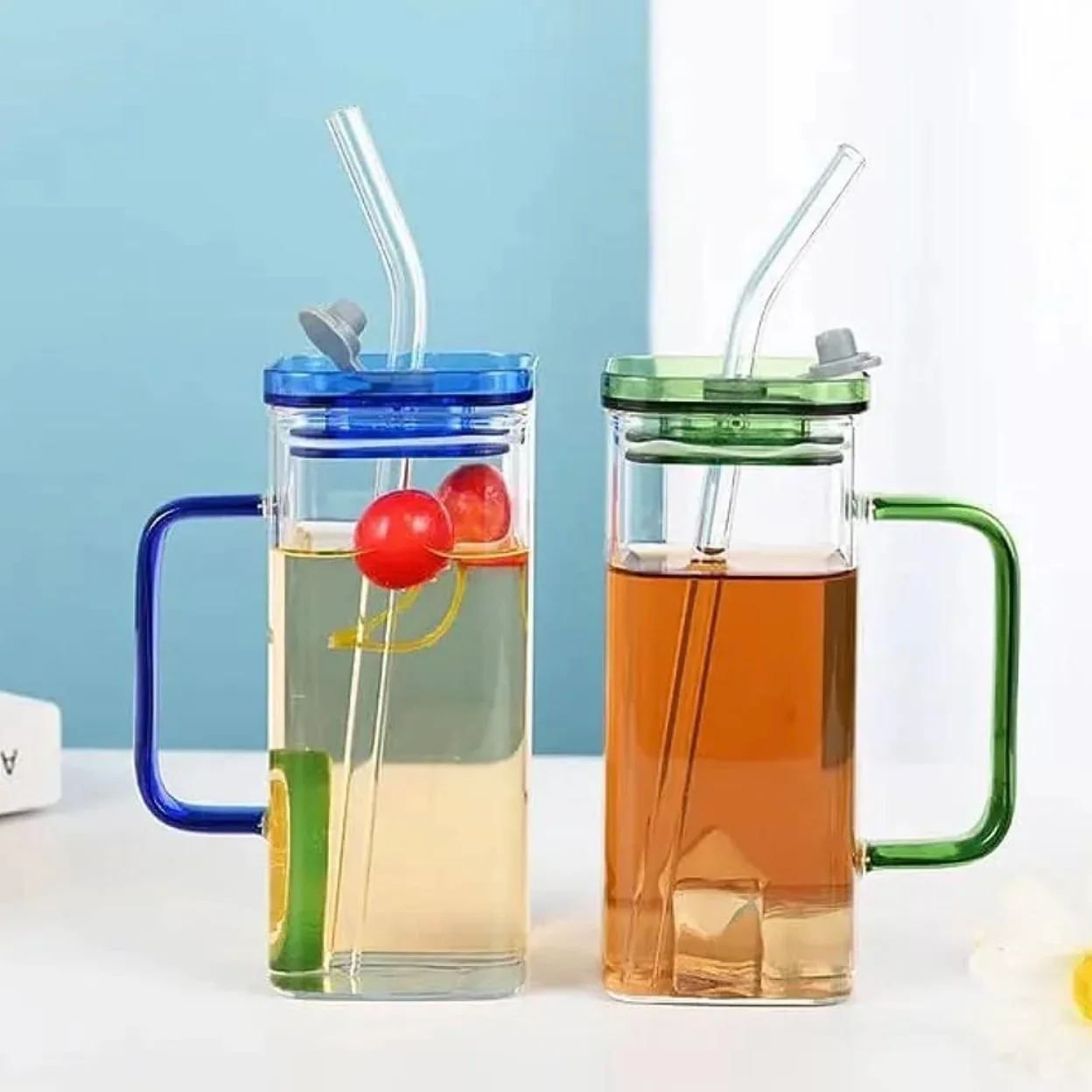 Transparent Square Tumbler Drinking Glass with Glass Straw and Colourful Handle | 2pcs Set - Image 3