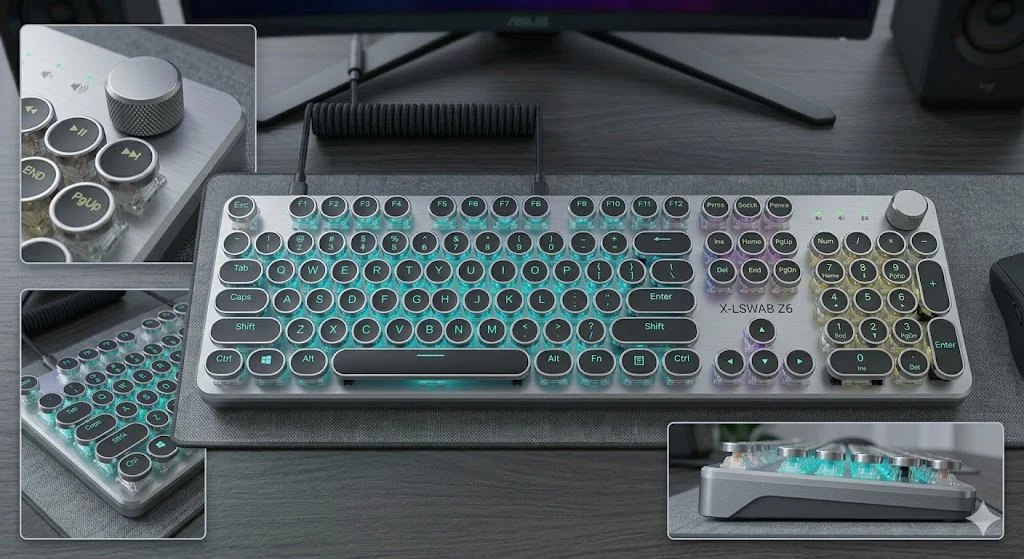 Wired Mechanical Gaming Keyboard – Retro Typewriter Round Keycaps with RGB Backlight & Multimedia Control Knob - Image 4